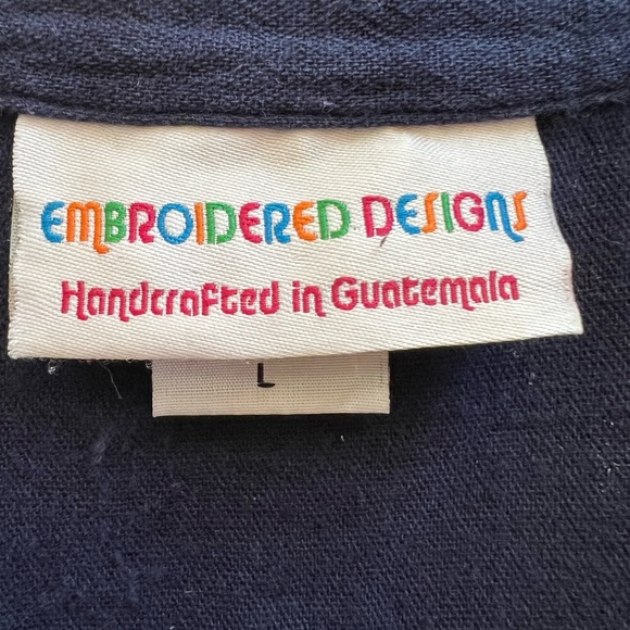 Handcrafted Guatemala Embroidered Floral Cotton Button Shirt Boho Folk Size L - Picture 3 of 5